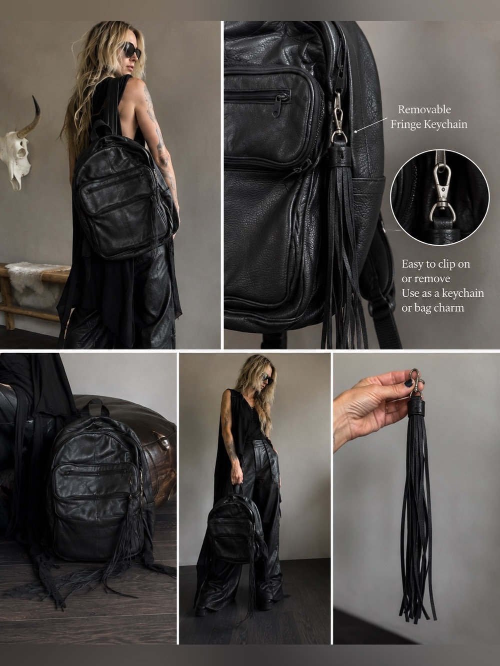 Vintage black genuine leather Backpack with removable Fringe full size